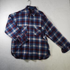 Vtg Woolrich L USA Flannel Shirt Red Blue Cream Plaid Wool Blend Workwear Hiking